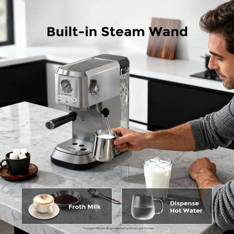 Zero Hassle Compact Espresso Maker With Milk Frother in use, frothing milk with built-in steam wand on kitchen counter.