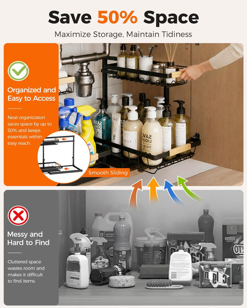 Height Adjustable Two Tier Under Sink Organizer Heavy Duty Storage Rack For Kitchen And Bathroom Cabinets viewed with cleaning supplies organized and accessible.