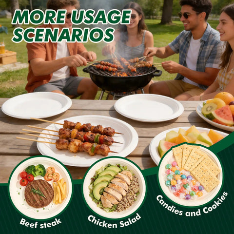 Heavy Duty 10 Inch Compostable Paper Plates 500 Count in use during outdoor barbecue with food servings