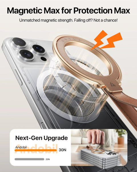 Premium Top Grain Leather MagSafe Phone Grip Holder with zinc metal kickstand, showcasing strong magnetic strength.