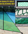 Two Pack Green Golf Triangle Side Net With Sandbags near poolside, close-up on mesh and net details, displaying heavy duty barrier.