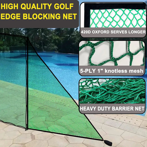 Two Pack Green Golf Triangle Side Net With Sandbags near poolside, close-up on mesh and net details, displaying heavy duty barrier.