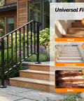 Straight Up Tough Wrought Iron Stair Handrail With Secure Balusters For Outdoor Deck And Concrete Steps Fits 3 To 4 Stairs Rust Proof Powder Coated Black Safety Railing on wooden steps.