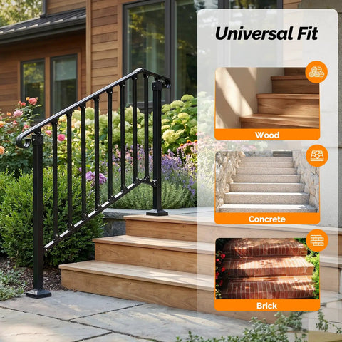 Straight Up Tough Wrought Iron Stair Handrail With Secure Balusters For Outdoor Deck And Concrete Steps Fits 3 To 4 Stairs Rust Proof Powder Coated Black Safety Railing on wooden steps.