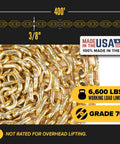 Grade 70 Steel Chain 3/8 Inch X 400 Feet Bulk Spool Built Like A Tank For Flatbed Truck Hauling And Cargo Securing With 6600 Pounds Working Load Limit Made Right Here Usa with visible links and specifications.