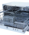 Hassle Free Countertop Dishwasher With Stainless Steel Tub And Delay Start For Small Apartments And Condos Quick Plug In Portable Washer With Smart Screen And Six Place Settings For Stress Free Dishes Everyday, open view showing interior racks.