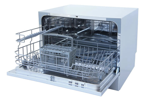 Interior view of the sleek compact countertop dishwasher with delay start and seven wash cycles, featuring a gray rack and stainless steel tub.