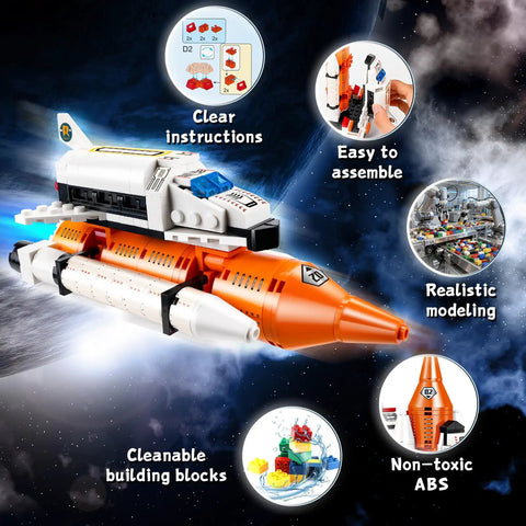 12 In 1 Space Rocket Building Blocks Kit For Kids Aged 6 To 12 566 Piece STEM Construction Set shown in space scene with features