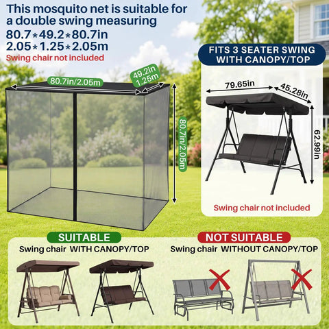 Mosquito Net Cover For 3 Seater Patio Swing With Waterproof Top, Zipper Door, And Fixing Straps visual size guide.