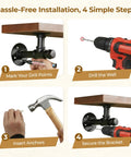 Installation steps for Industrial Pipe Shelf Brackets 6.7 Inch, showing drill, brackets, and tools in 4 steps.