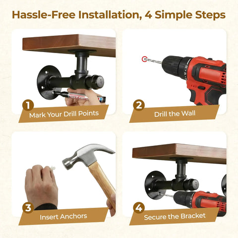 Dope Industrial Pipe Shelf Bracket Set For 8 To 16 Inch Wood Floating Shelves In Black Iron With Wear Resistant Coating installation steps