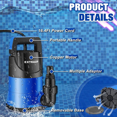 Stainless Steel Sump Submersible Water Pump Workhorse for Clean and Dirty Water 1.5HP 4250 GPH with features labeled