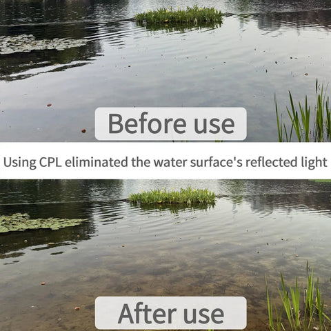 52mm CPL Filter For Phone And DSLR Cameras, showing before and after effect on water reflection reduction.
