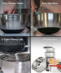 Collage of stainless steel mixing bowls set with airtight lids, non-slip base, five sizes from 1.5 to 5 qt, durable metal, giftable box.