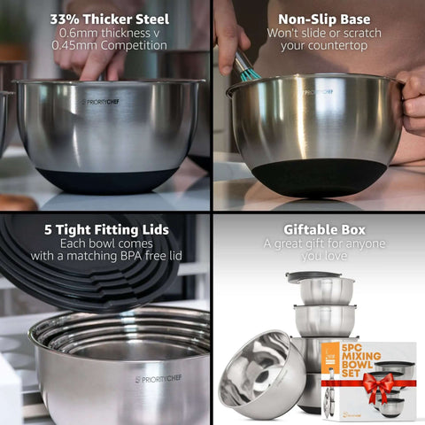 Collage of stainless steel mixing bowls set with airtight lids, non-slip base, five sizes from 1.5 to 5 qt, durable metal, giftable box.