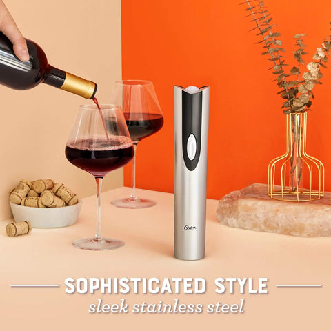 Cordless Electric Wine Opener With Automatic Cork Extractor And Precision Foil Cutter With Rechargeable Base on table with wine and glasses.