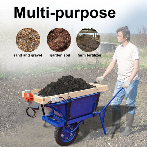 Man using 40W 110V Adjustable Vibrating Soil Sifter With Wooden Screen Semi Industrial Grade for soil screening atop wheelbarrow