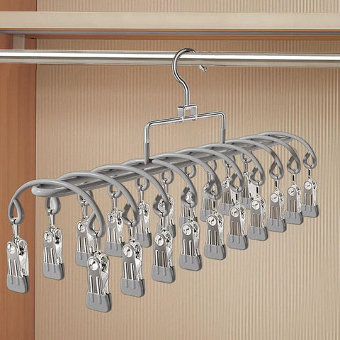 Heavy Duty Stainless Steel Vertical Closet Hanger For Pants And Leggings Space Saving Multi Tier Wardrobe Organization Rack shown in gray with clips.