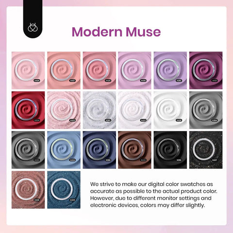 20 Modern Muse color swatches from 35 Piece Dip Powder Nail Kit Set With 20 Modern Muse Colors Nude Pink Blue Glitter Plus Base Coat Top Coat Activator And Pro Tools For Nail Art Manicure.
