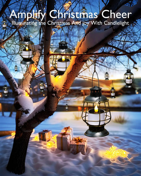 Solar Powered LED Tea Light Candles Pack Of 6 Waterproof Dusk To Dawn Auto On Reusable Outdoor Lights in tree lanterns, snow background