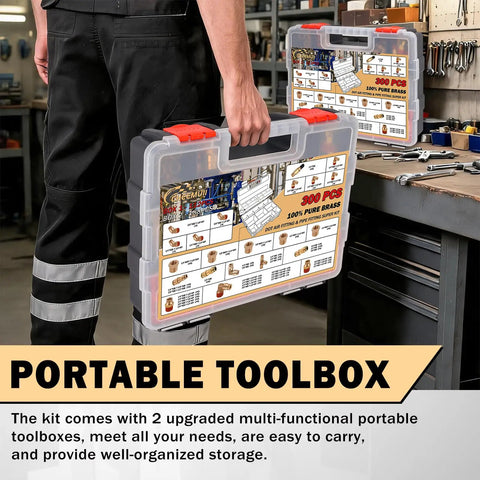 Solid 300 Pc Brass Air Line Fittings Kit With Npt And Push Connectors Featuring Unions Tees Elbows And More For Your Compressor Rig Repair Or Diy Projects portable toolbox case