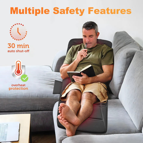 Man using Full Body Massage Mat With Heat And Vibration 10 Motor Back Massage Pad on sofa with safety features visible