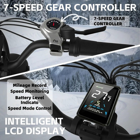 7-speed gear controller and LCD display of 1500W Peak Electric Fat Tire Mountain Bike For Adults With 32 MPH Top Speed