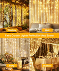 300 LED Fairy Curtain Lights 9.8 X 9.8 Ft USB Plug In With 8 Modes Remote Warm White for Christmas bedroom or outdoor decor