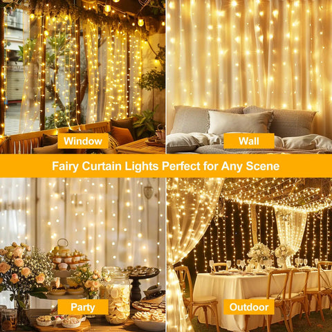 300 LED Fairy Curtain Lights 9.8 X 9.8 Ft USB Plug In With 8 Modes Remote Warm White for Christmas bedroom or outdoor decor