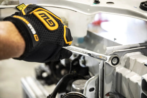 Person using 19Mm 4 Degree Swing Arch 12 Point Ratcheting Combination Wrench With Off Corner Loading And Dual Direction Ratcheting For A Tight Grip In Small Spaces 90 Tooth Box End on engine part.