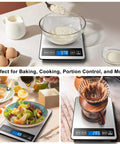 Collage showing Food Scale For Real Kitchen Pros With 22 Pound Capacity, 0.1 Ounce And 1 Gram Increments, stainless steel.