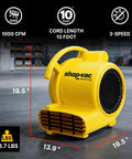 Heavy Duty Floor Drying Fan With 1000 CFM Air Mover, 3 Speed Blower, Portable Stackable, features dimensions in industrial setting