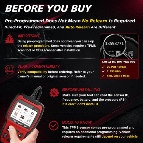 Pre Programmed 315MHz TPMS Sensor Set Of 4 For Ford Edge 2016 2021, Explorer 2015 2017, F150 2016 2017, Fusion 2017, Flex 2016 2018, Mustang 2015 2017 Plug And Play Tire Pressure Monitoring System Replacement, relearn note