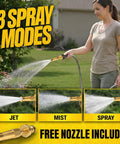 Person using Heavy Duty 50 Ft Metal Garden Hose With Nozzle 304 Stainless Steel Construction for jet, mist, spray modes