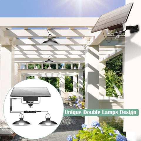 Dual Head Solar Pendant Lights For Shed And Outdoor Use IP65 Waterproof LED Hanging Lighting displayed in a garden pergola