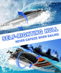Beastly 22 Inch RC Racing Boat with brushless motor showing self-righting hull feature on water