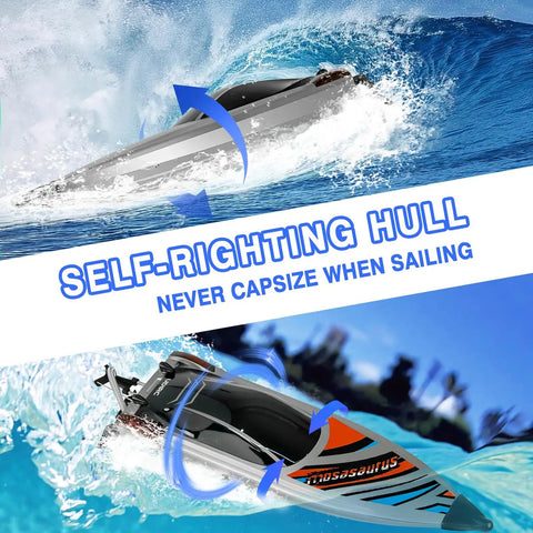 Beastly 22 Inch RC Racing Boat with brushless motor showing self-righting hull feature on water