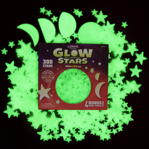 Glow In The Dark Ceiling Stars Kit With 300 Pieces And 4 Bonus Moon Phases From New Moon To Full Moon Dope Lunar Night Sky Glow Wall Decals For Kids Room Decor product package showing glowing stars and moon shapes