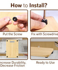 Instructional image showing installation of 60 Piece Grippy Rubber Feet Set For Cutting Boards And Kitchen Appliances 0.59 x 0.31 Inches With 304 Stainless Steel Screws And Washers PVC Non Slip Bumper Pads For Furniture And Home Use.