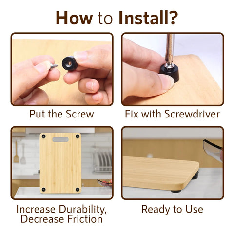 Instructional image showing installation of 60 Piece Grippy Rubber Feet Set For Cutting Boards And Kitchen Appliances 0.59 x 0.31 Inches With 304 Stainless Steel Screws And Washers PVC Non Slip Bumper Pads For Furniture And Home Use.
