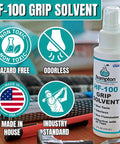 Premium Golf Grip Kit For Regripping With 15 2x10 Tape Strips Durable Rubber Vise Clamp Retractable Double Sided Hook Knife And 4 Oz HF 100 Non Toxic Odorless Solvent For Quick Solid Grip featuring HF-100 grip solvent bottle next to regripping tools on table.
