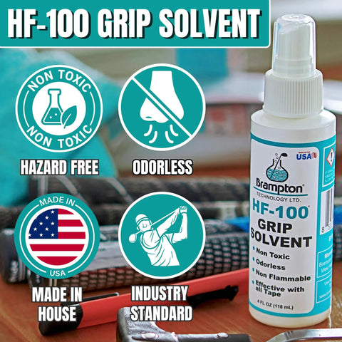 Premium Golf Grip Kit For Regripping With 15 2x10 Tape Strips Durable Rubber Vise Clamp Retractable Double Sided Hook Knife And 4 Oz HF 100 Non Toxic Odorless Solvent For Quick Solid Grip featuring HF-100 grip solvent bottle next to regripping tools on table.