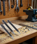 Tough As Nails 3 Piece High Carbon Steel Center Punch Set Delivers Pinpoint Marks On Metal Wood And Alloy Steel For Any Drilling Project on a workbench.