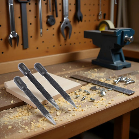Tough As Nails 3 Piece High Carbon Steel Center Punch Set Delivers Pinpoint Marks On Metal Wood And Alloy Steel For Any Drilling Project on a workbench.