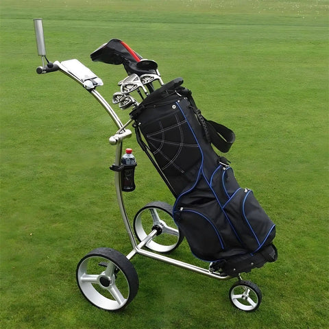 Electric Golf Push Cart With Wireless Remote And Three Wheel Frame, showcasing black golf bag and water bottle holder on grass.