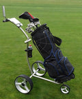 Electric Three Wheel Golf Trolley Featuring Hassle Free Remote Control And Compact Foldable Design with black golf bag and drinks holder.