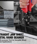Close-up of Six Inch Hand Seamer Tool for Sheet Metal Bending and Seaming Heavy Duty Steel Brake Pliers with Ergonomic Grip in use