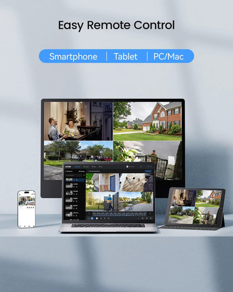 Boss Grade 8 Channel CCTV DVR With H265 Plus And AI Motion Detection displayed on smartphone, tablet, and PC for remote access.
