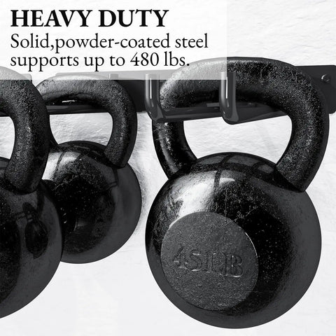 Folding Chair Wall Mount Storage Rack Four Pack Heavy Duty Garden Tool Hangers for Garage shown with kettlebells.