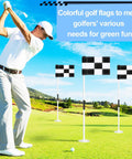 Golfer with Six Pack Checkered Golf Flags 8x6 Inches, Portable Nylon Training Targets, Tube Insert, on Practice Green